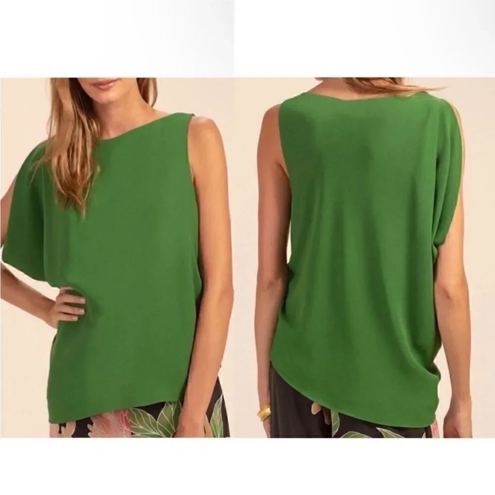 Trina Turk NWT Sunset Sleeveless Asymmetric Boatneck Gathered Green Top XL